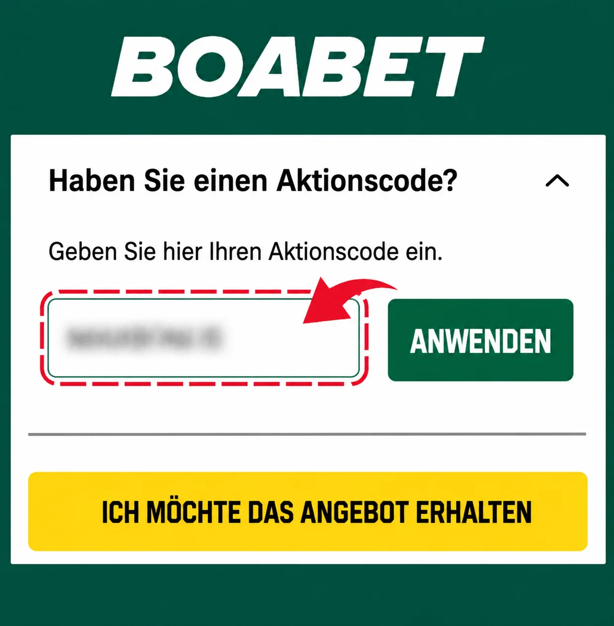 Aktionscode-Eingabe fuer den Boabet Bonus